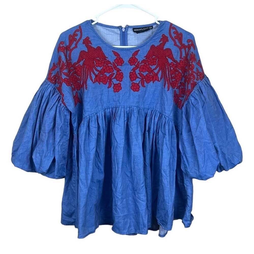 Hemant & Nandita Women's Embroidered Chambray Blouse Boho Anthropologie XS